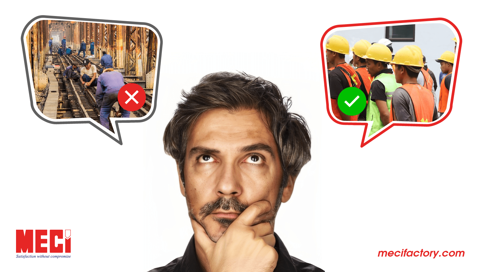 Một người đàn ông đang suy nghĩ nên mặc đồ bảo hộ khi làm việc (hình phải), không nên mặc đồ bảo hộ (hình trái)