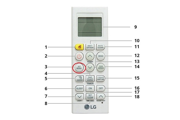 Nút bật chế độ JET MODE của máy lạnh LG trên remote