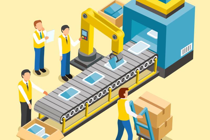 Ví dụ 1 mô hình sản xuất có: băng chuyền sản xuất, chuyên viên vận hành, chuyên viên kiểm định thành phẩm...