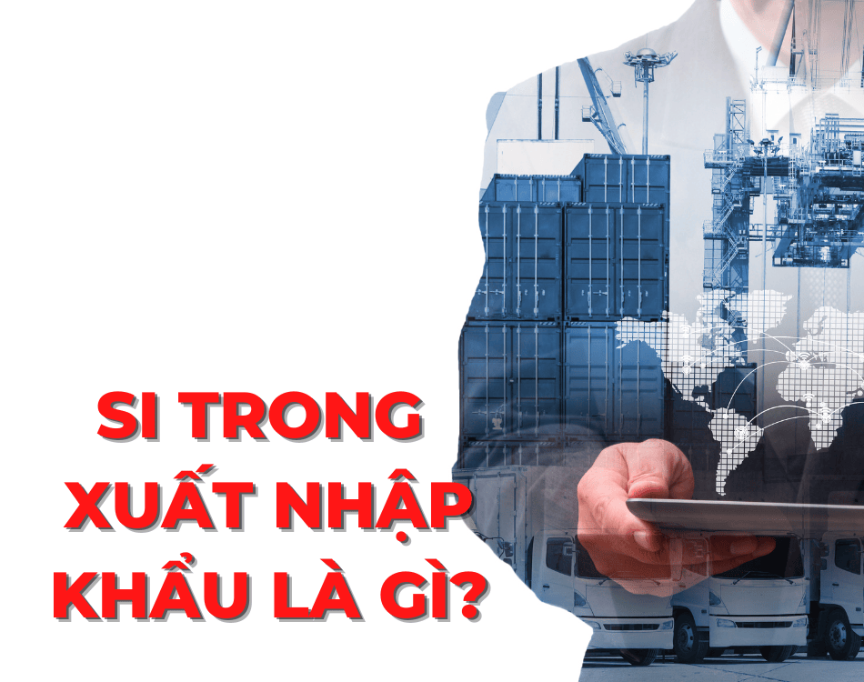 Người đàn ông cầm màn hình điện tử kèm những biểu tượng tượng trưng cho xuất nhập khẩu