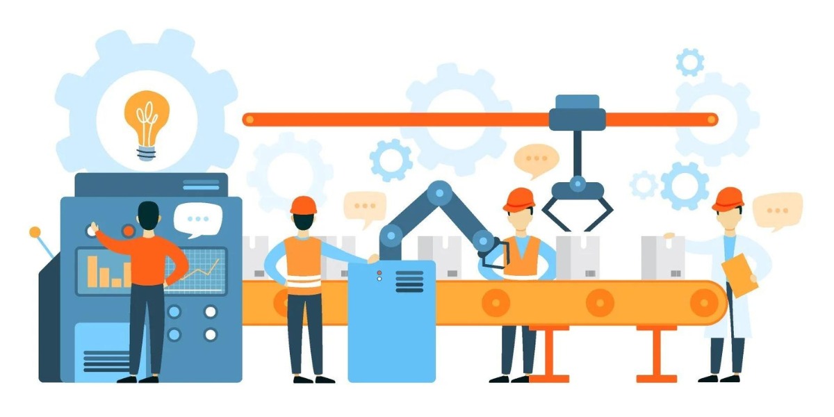 Minh họa một dây chuyền sản xuất tại nhà máy, bao gồm: Máy móc, nhân sự vận hành...