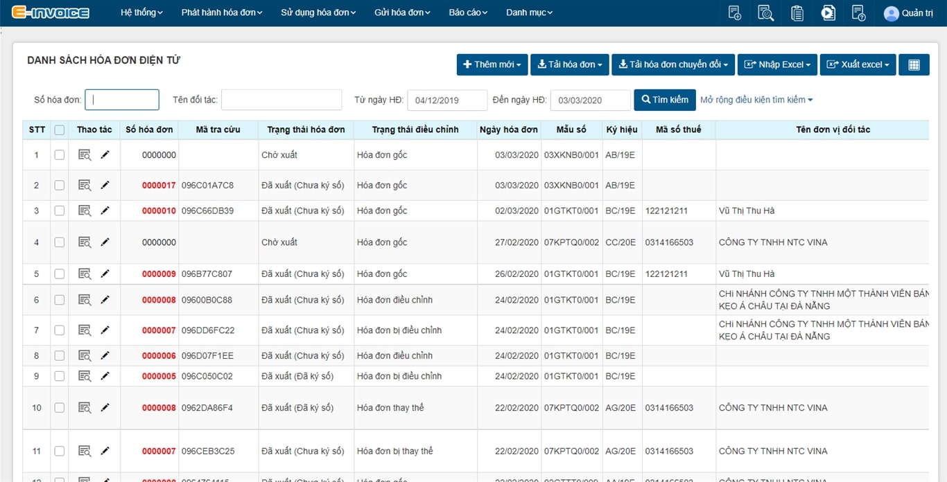 Trang tham khảo về trạng thái hóa đơn: gốc, điều chỉnh hoặc thay thế. Có chi tiết các thông tin về ngày, mẫu số, ký hiệu,... hóa đơn theo hàng ngang 