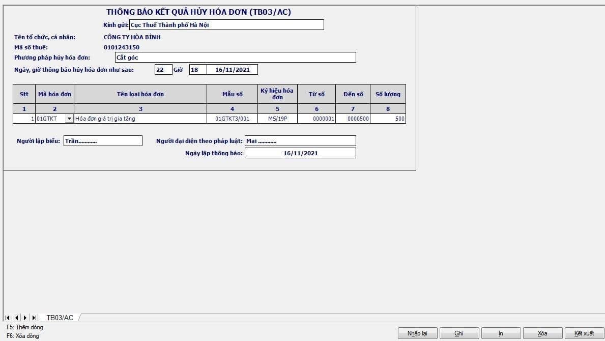 Mẫu hủy hóa đơn theo chuẩn trên hệ thống, có các nội dung liên quan đến khai báo thông tin hủy hóa đơn điện tử đã phát hành 