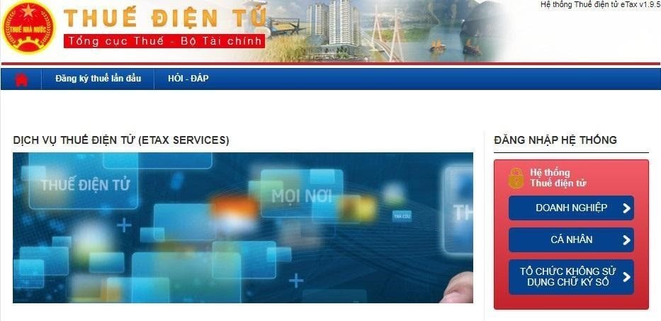 Trang web Thuế điện tử - Tổng cục Thuế và bộ tài chính. Doanh nghiệp, cá nhân, hoặc tổ chức không sử dụng chữ ký số đăng nhập 