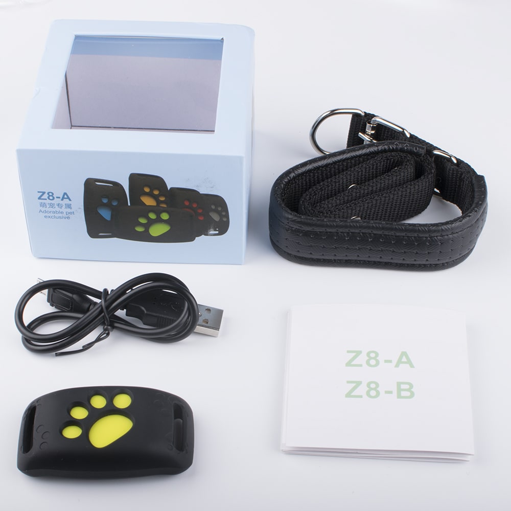 Bộ sản phẩm hỗ trợ định vị thú cưng gồm: dây đeo, dây sạc, remote và sách hướng dẫn. 