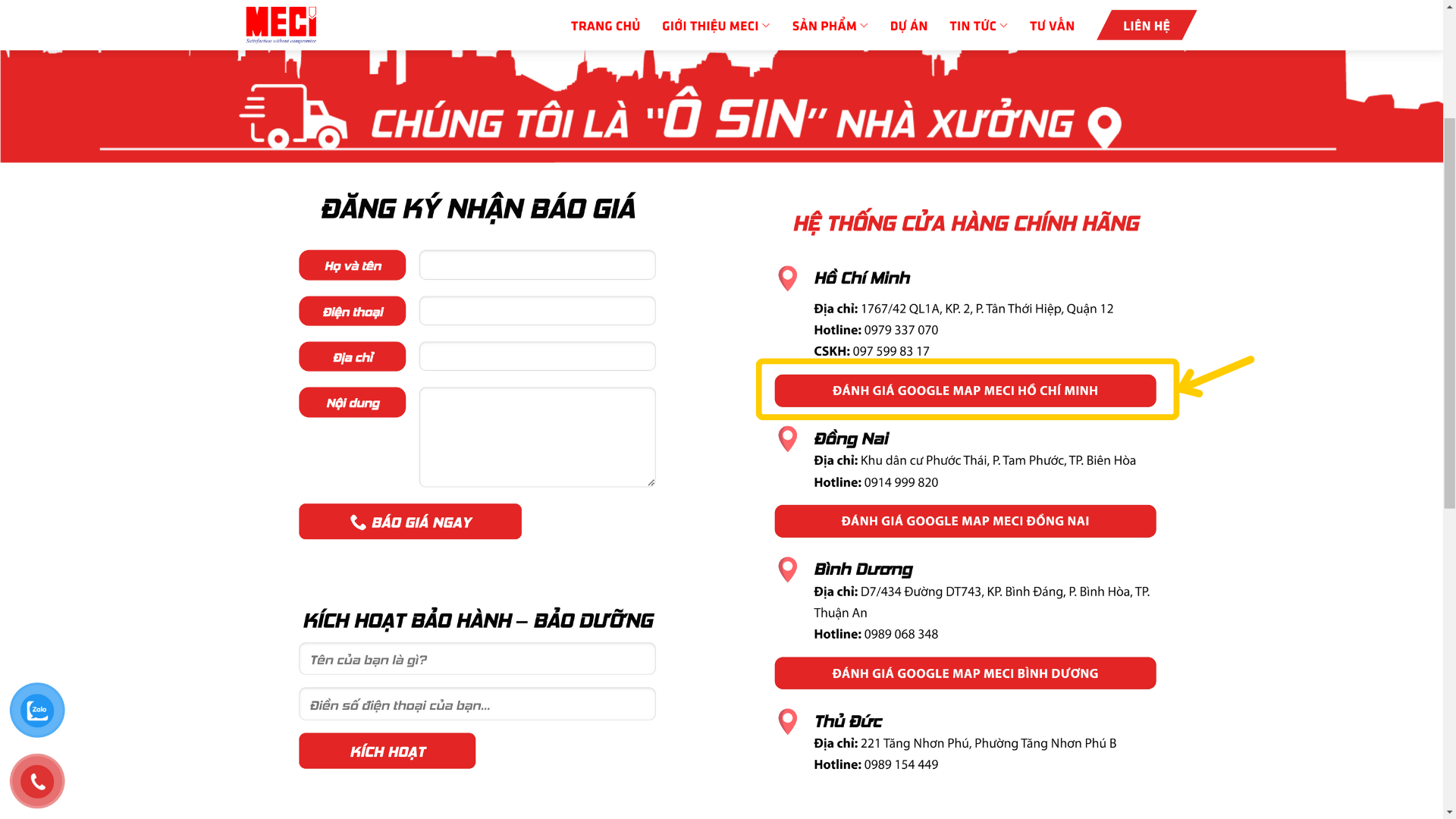 đánh giá cửa hàng MECI tại trang liên hệ