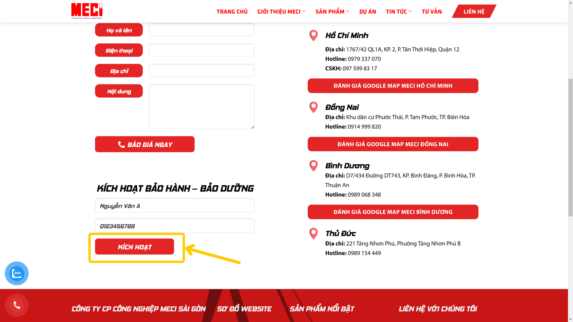 mũi tên chỉ vào nút kích hoạt bảo dưỡng sản phẩm MECI