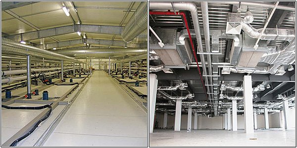 Hai hệ thống thông gió nhà xưởng có nhiều dây và ống nối với nhau