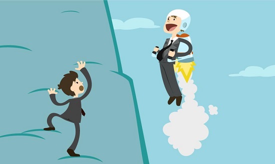 Hai người đàn ông có một người đang leo núi và một người đang bay bằng tên lửa.