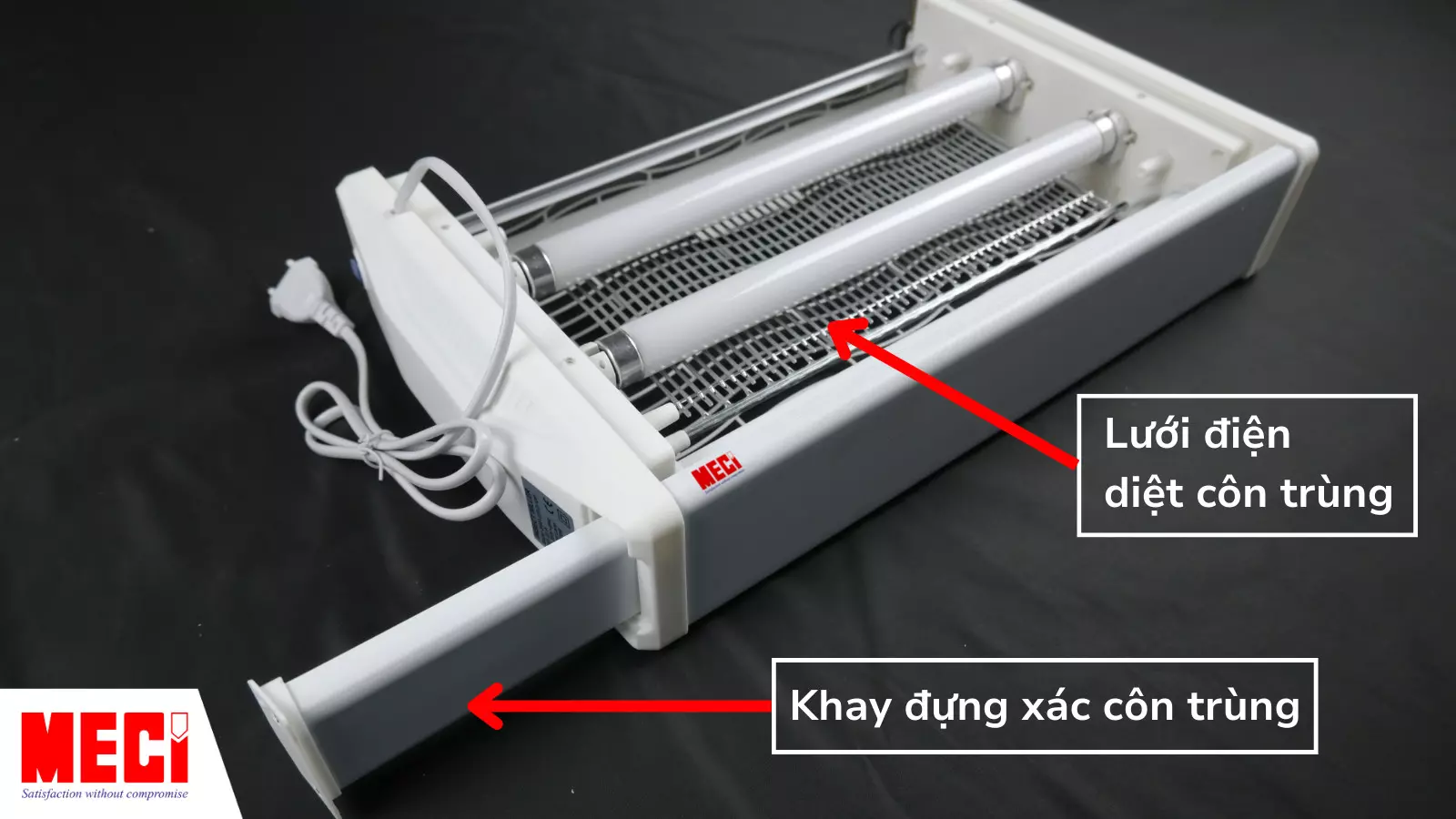 Đèn côn trùng cùng chú thích khay đựng và lưới điện