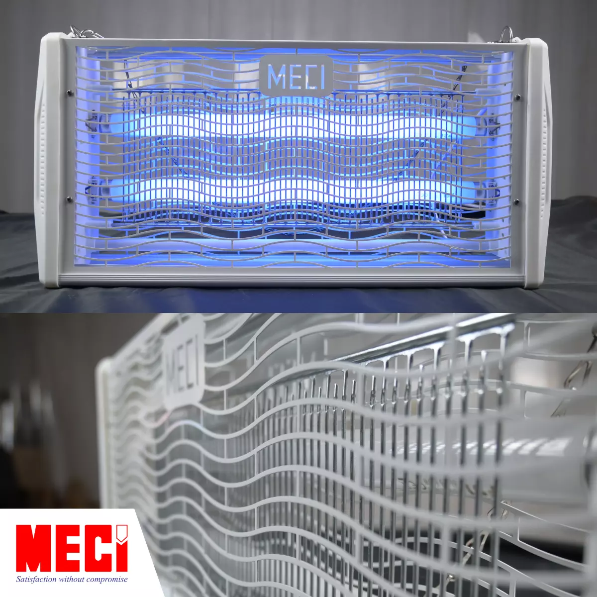 Đèn diệt côn trùng MECI đang hoạt động cùng góc cận mặt trước hình sóng lượn