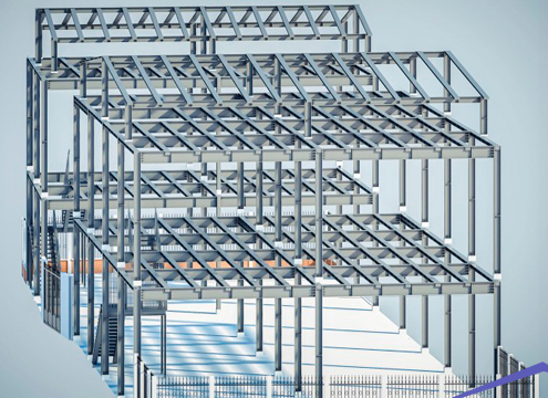 Mô hình nhà xưởng nhiều tầng có khung màu xám và nền màu trắng.