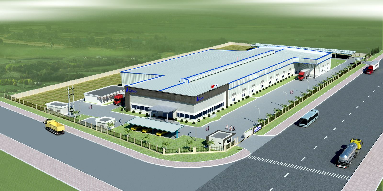 Nhà xưởng màu trắng xanh ở giữa, bên ngoài là đường xá, xe cộ và xa xa là đồng bằng màu xanh.