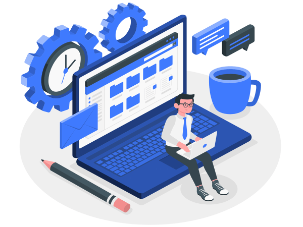 Người đàn ông đang ngồi trên máy tính màu xanh.