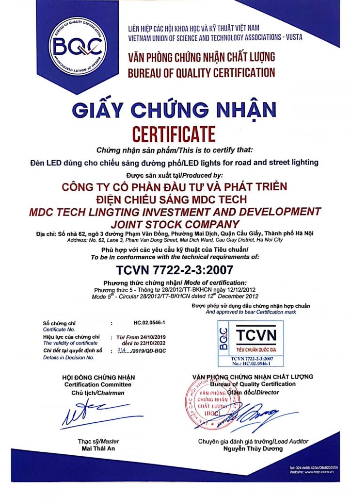 Hình ảnh giấy chứng nhận chất lượng sản phẩm, khổ giấy A4 có các thông tin về tên sản phẩm, tên đơn vị sản xuất, tên tiêu chuẩn đạt được, cơ quan chứng nhận, con dấu đỏ.