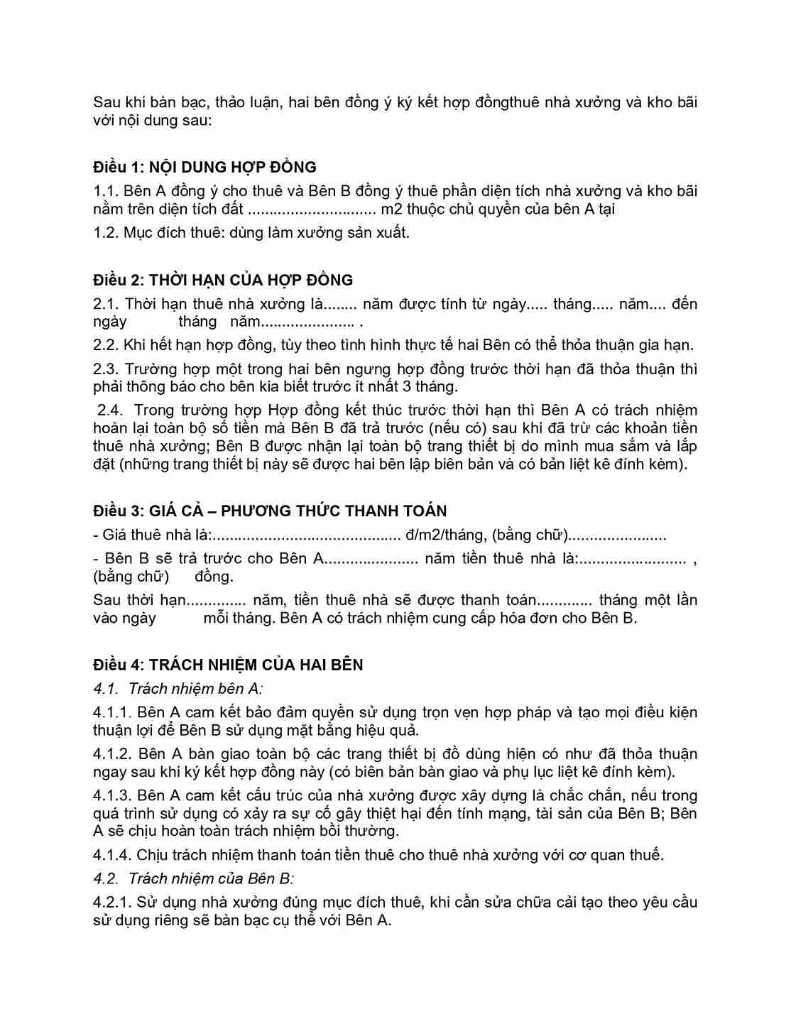 Mẫu hợp đồng thuê đất làm nhà xưởng quy định về trách nhiệm và phương thức thanh toán