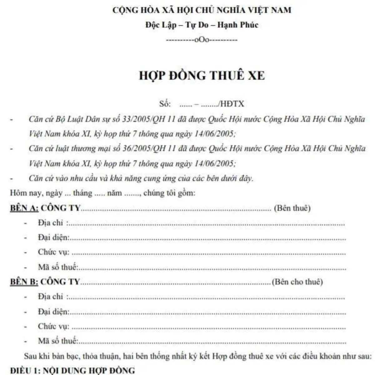 Mẫu hợp đồng thuê xe vận chuyển cần đúng theo quy định pháp luật