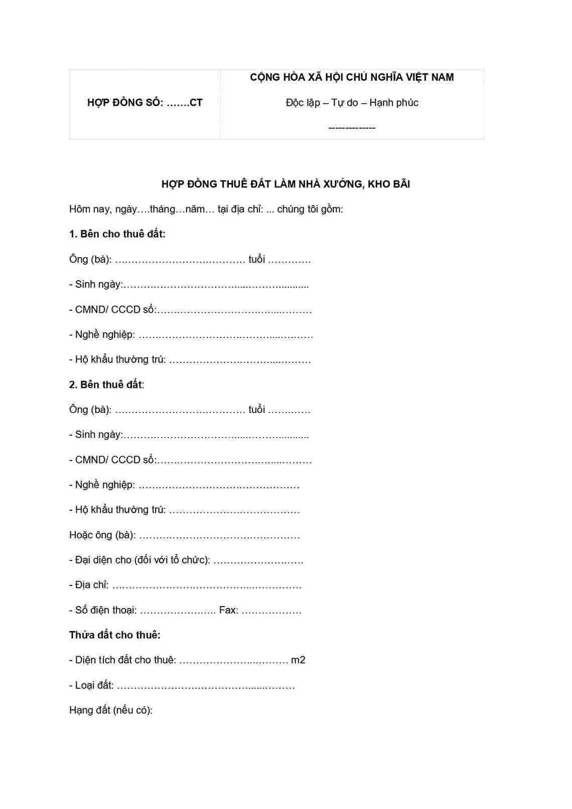 Mẫu thông tin hai bên cho hợp đồng thuê xưởng kho bãi