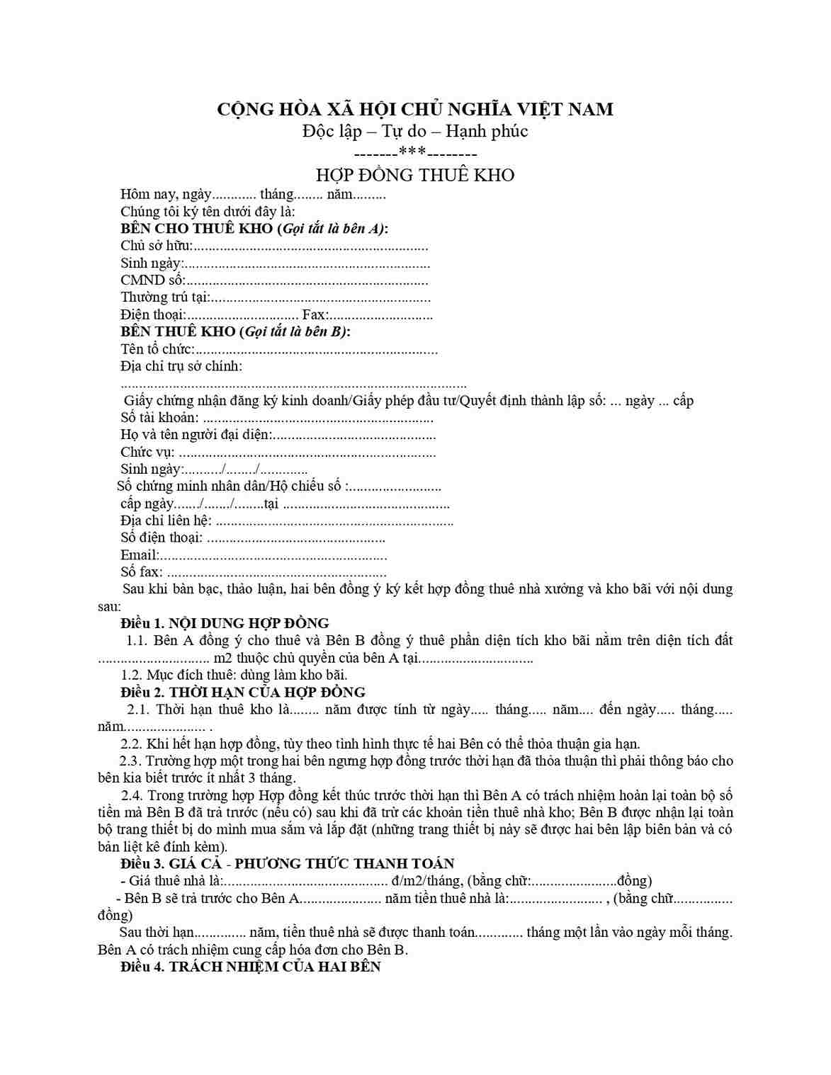 Mẫu hợp đồng thuê kho xưởng sản xuất