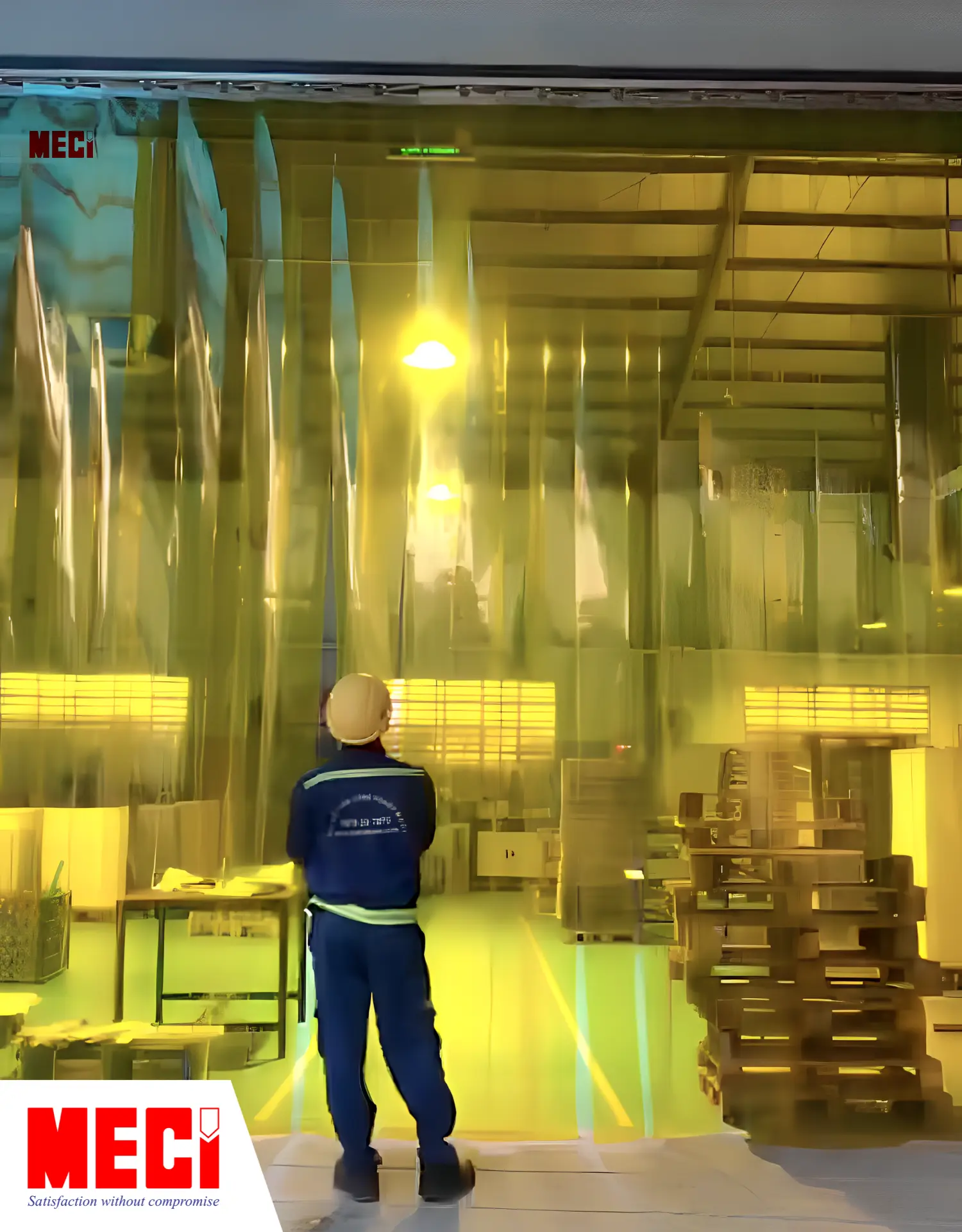 1 người đàn ông đứng trước cái rèm nhựa PVC màu vàng, bên trong là nhà máy