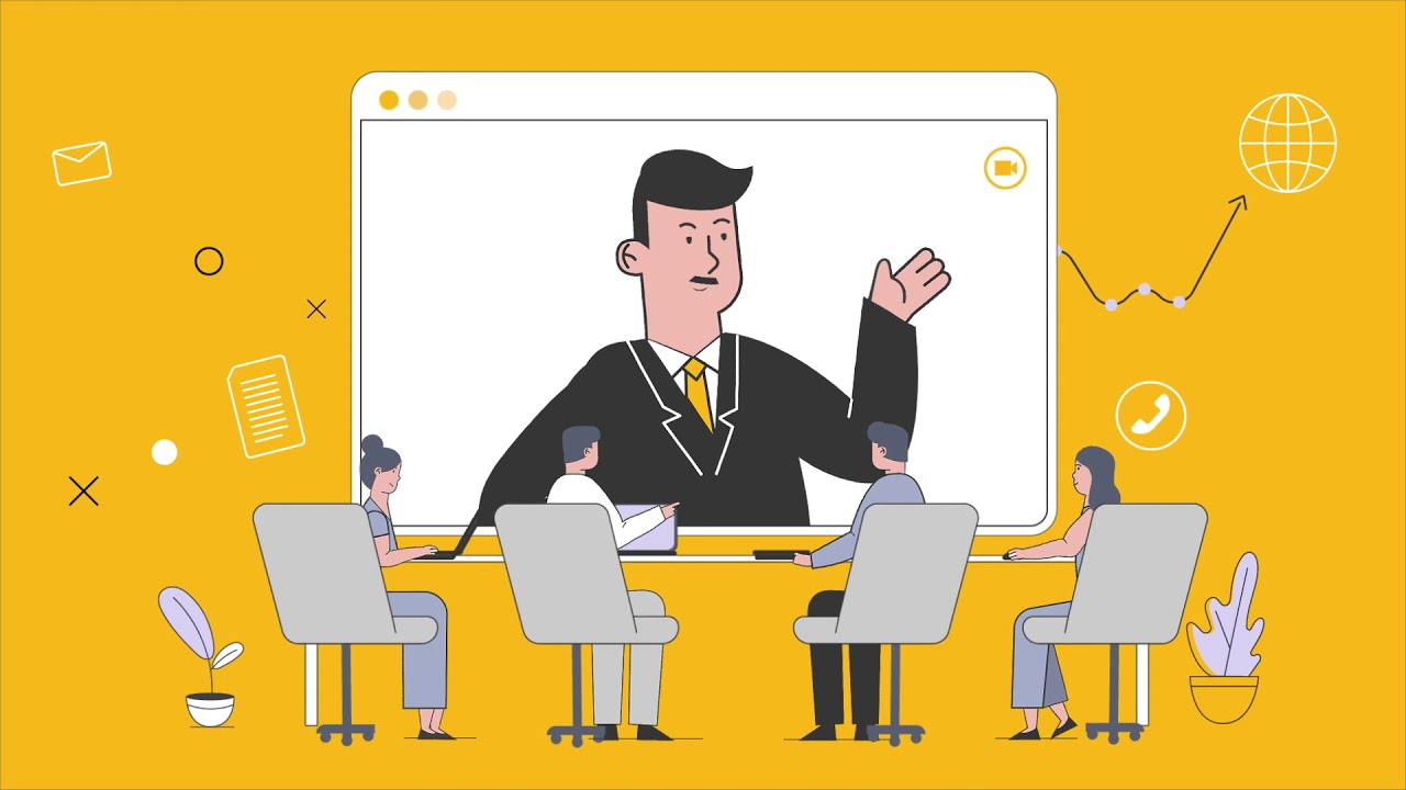 Bốn người đang ngồi bàn thảo luận với 1 người đàn ông trên màn hình.