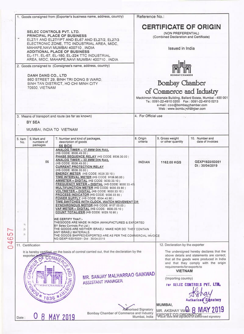 Mẫu chứng nhận xuất xưởng hàng hóa cho một sản phẩm