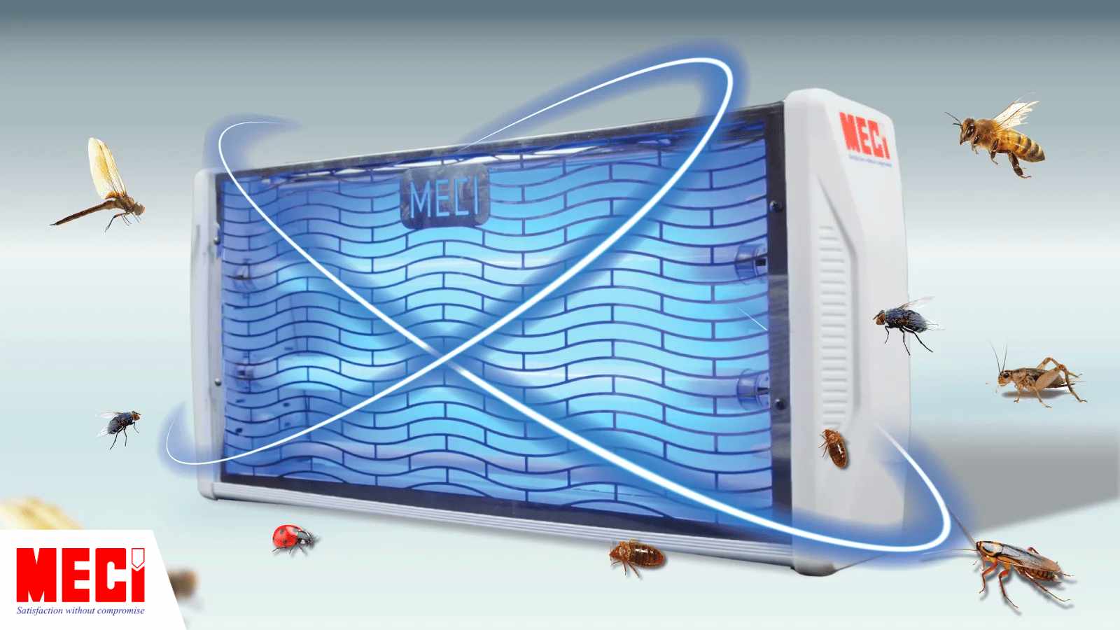 đèn diệt côn trùng MECI đang sáng đèn có nhiều côn trùng quay quanh