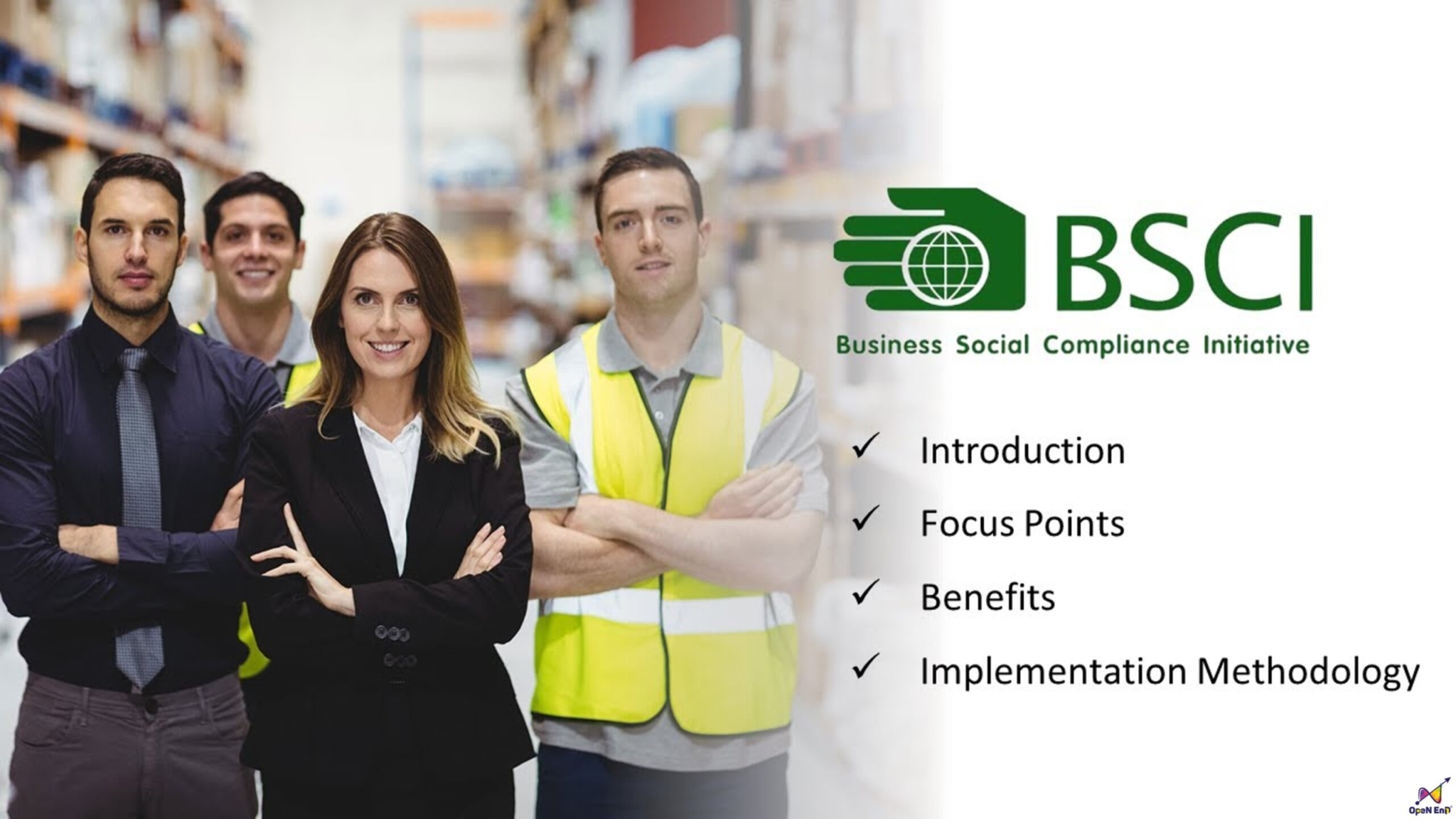 Bên trái là 4 người đang đứng khoanh tay trong nhà xưởng, bên phải là các yếu tố của BSCI