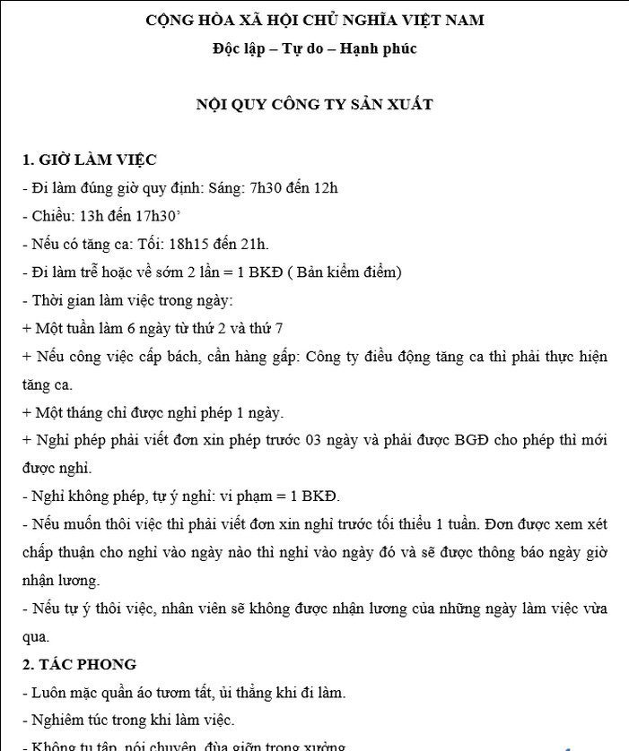 Mẫu bảng nội quy công ty sản xuất