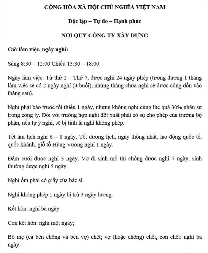 Bảng mẫu nội quy công ty xây dựng chi tiết về thời gian làm việc.