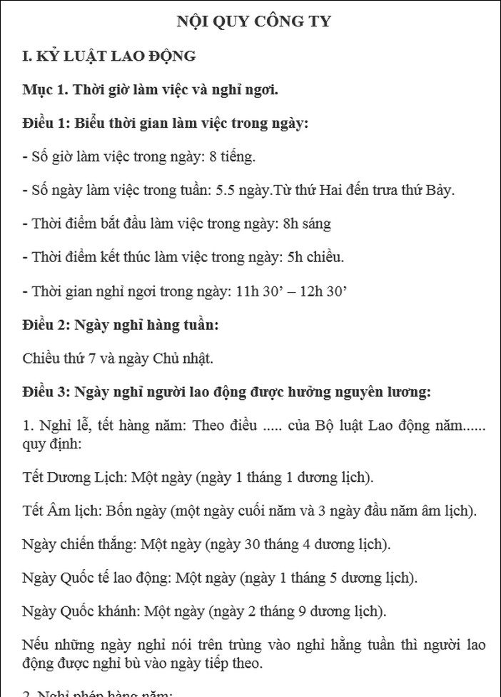 Mẫu nội quy thời gian làm việc của công ty sản xuất