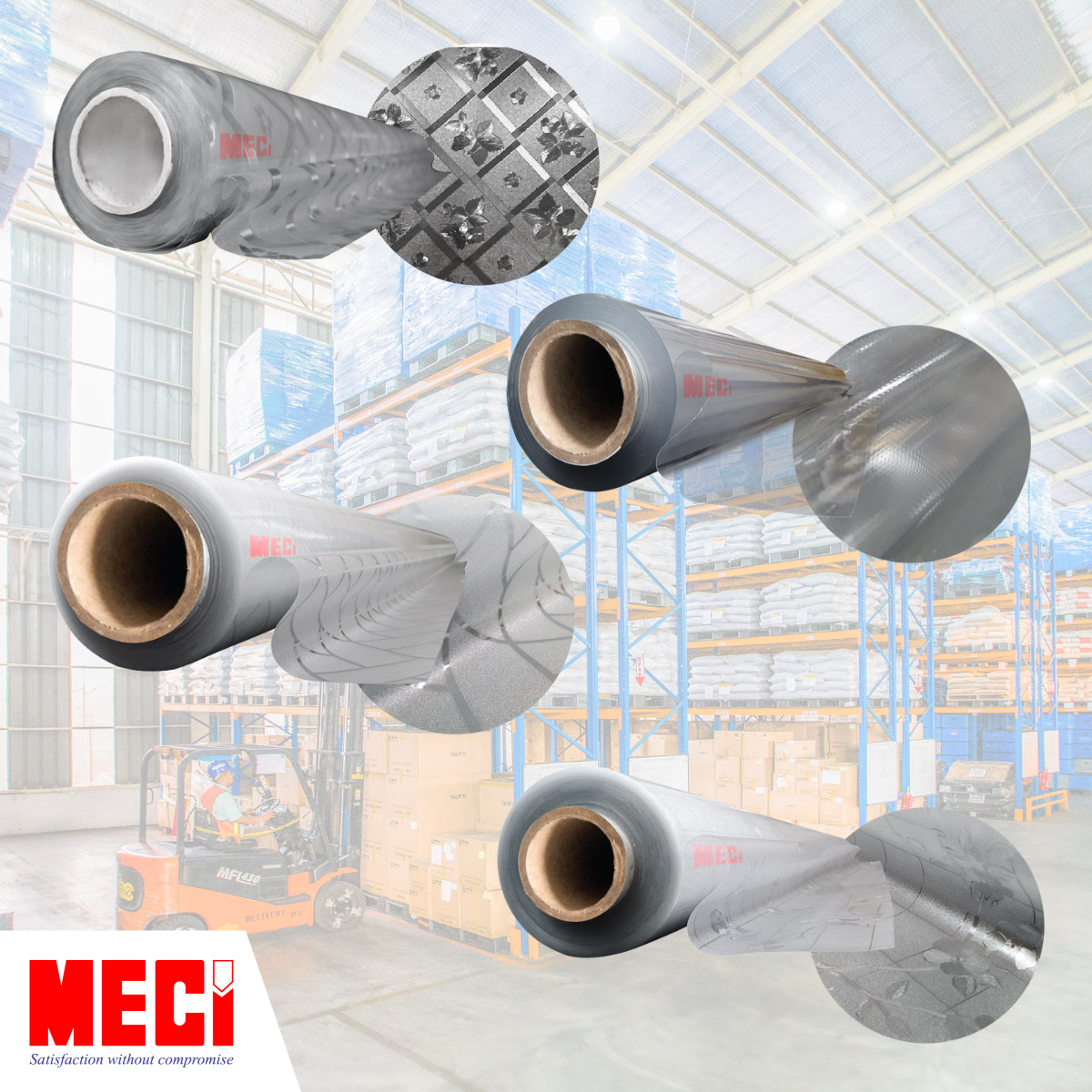 4 cuộn nhựa khổ lớn, có vòng tròn cận cảnh hoa văn bên cạnh mỗi cuộn nhựa