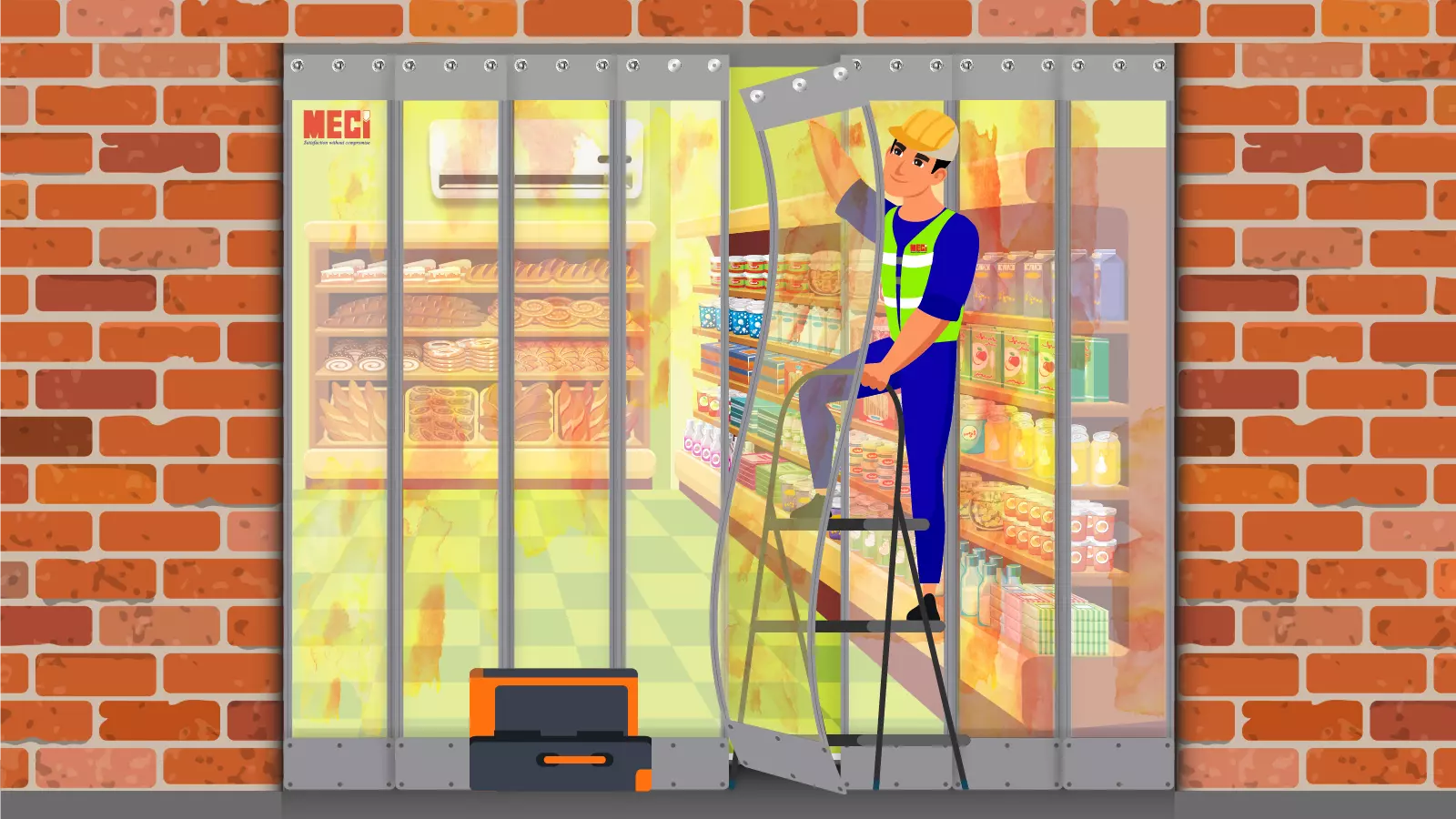 Kỹ thuật MECI đang tháo gỡ rèm nhựa nam châm bị ố vàng