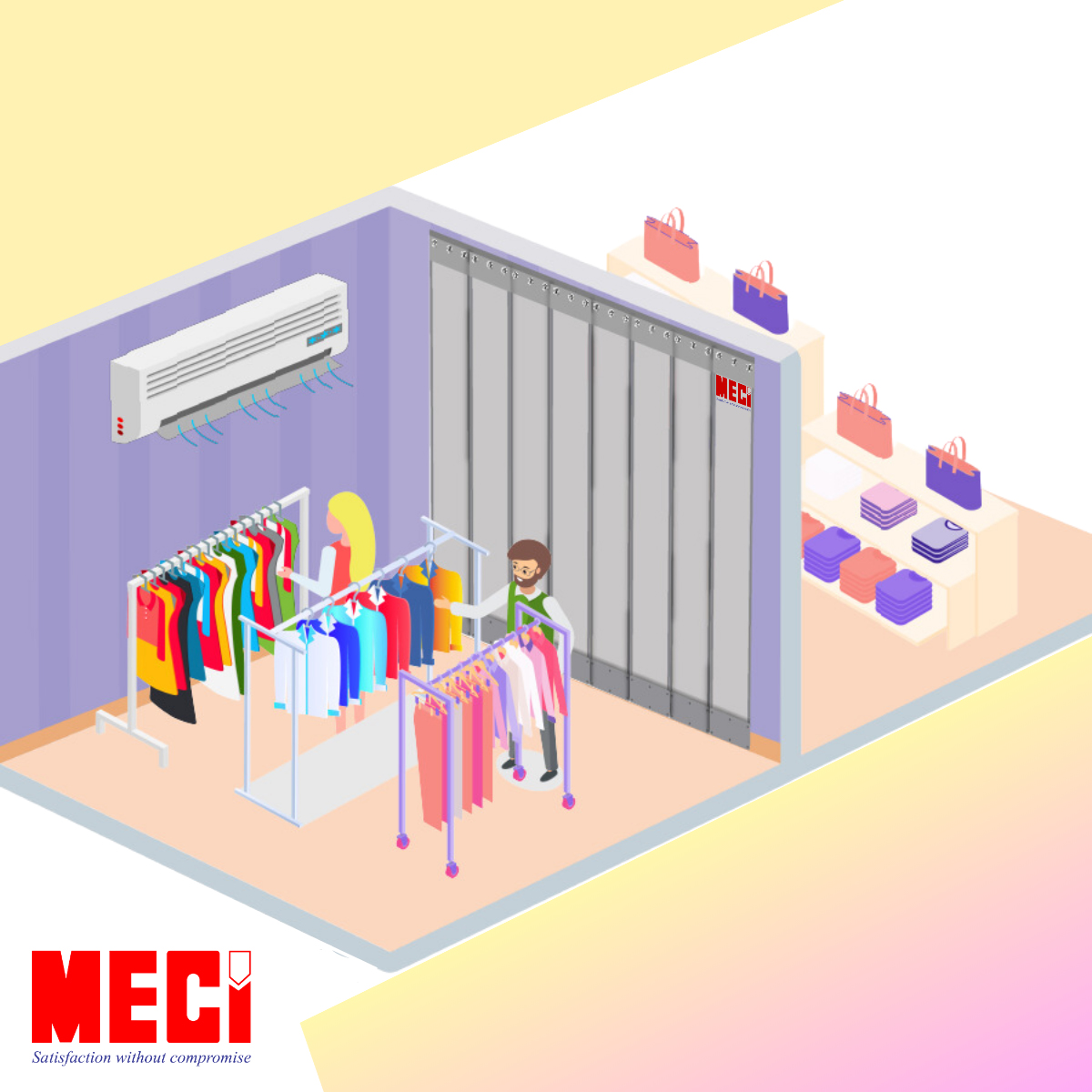 Hình vẽ rèm nam châm xám ngăn giữa hai khu vực bán hàng