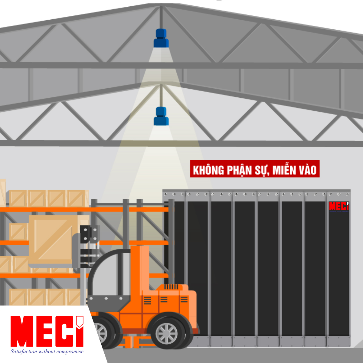 hình vẽ rèm nam châm màu đen tại một lối vào trong nhà xưởng