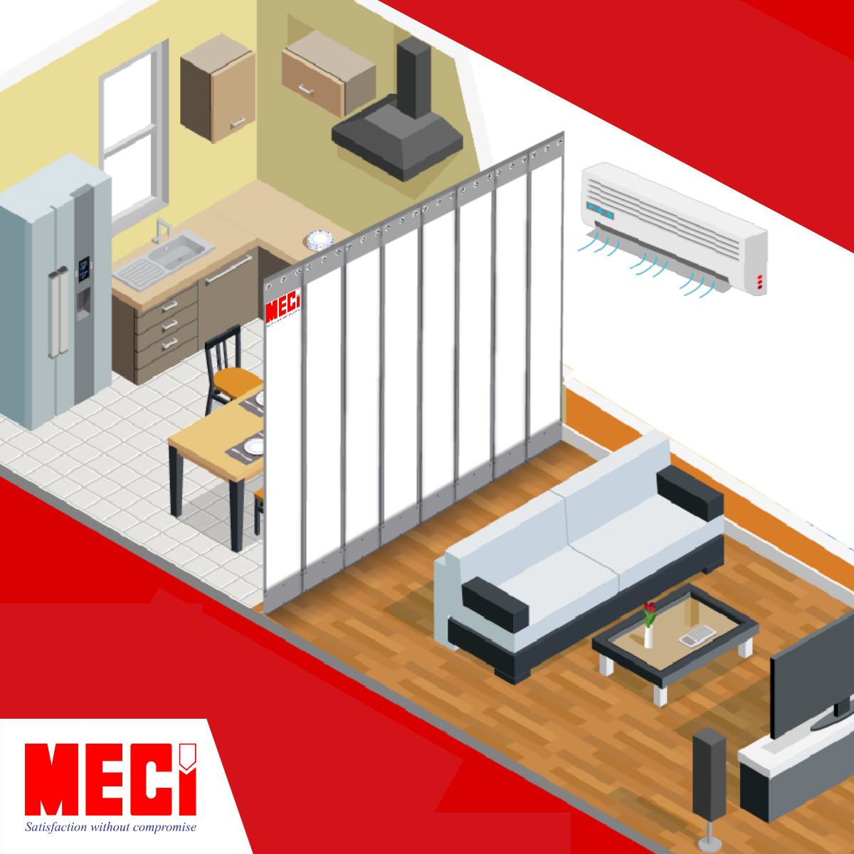 rèm nam châm trắng sữa ngăn giữa phòng khách và nhà bếp