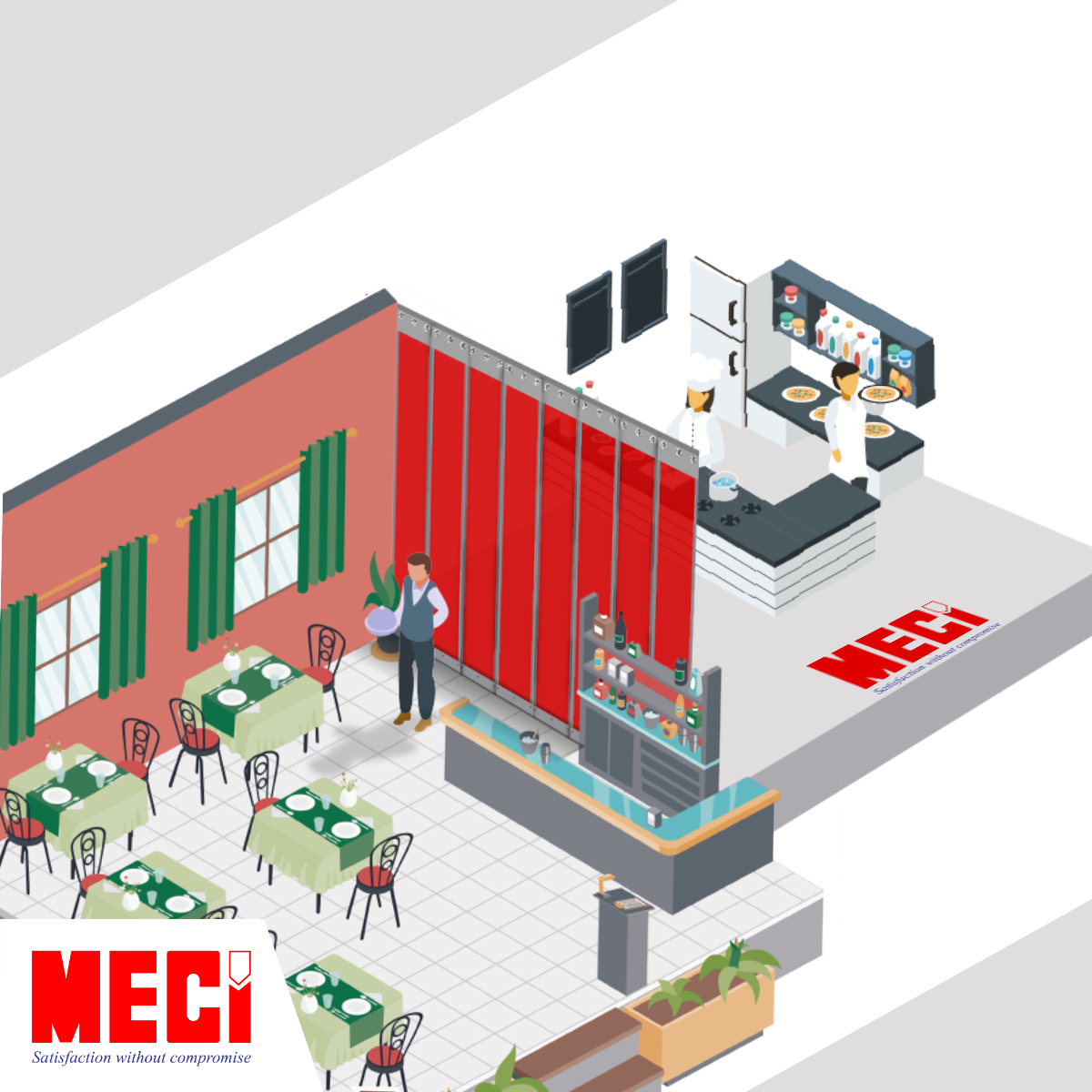 hình vẽ rèm nam châm màu đỏ ngăn giữa khu vựa ăn uống trong quán ăn và khu vực bếp