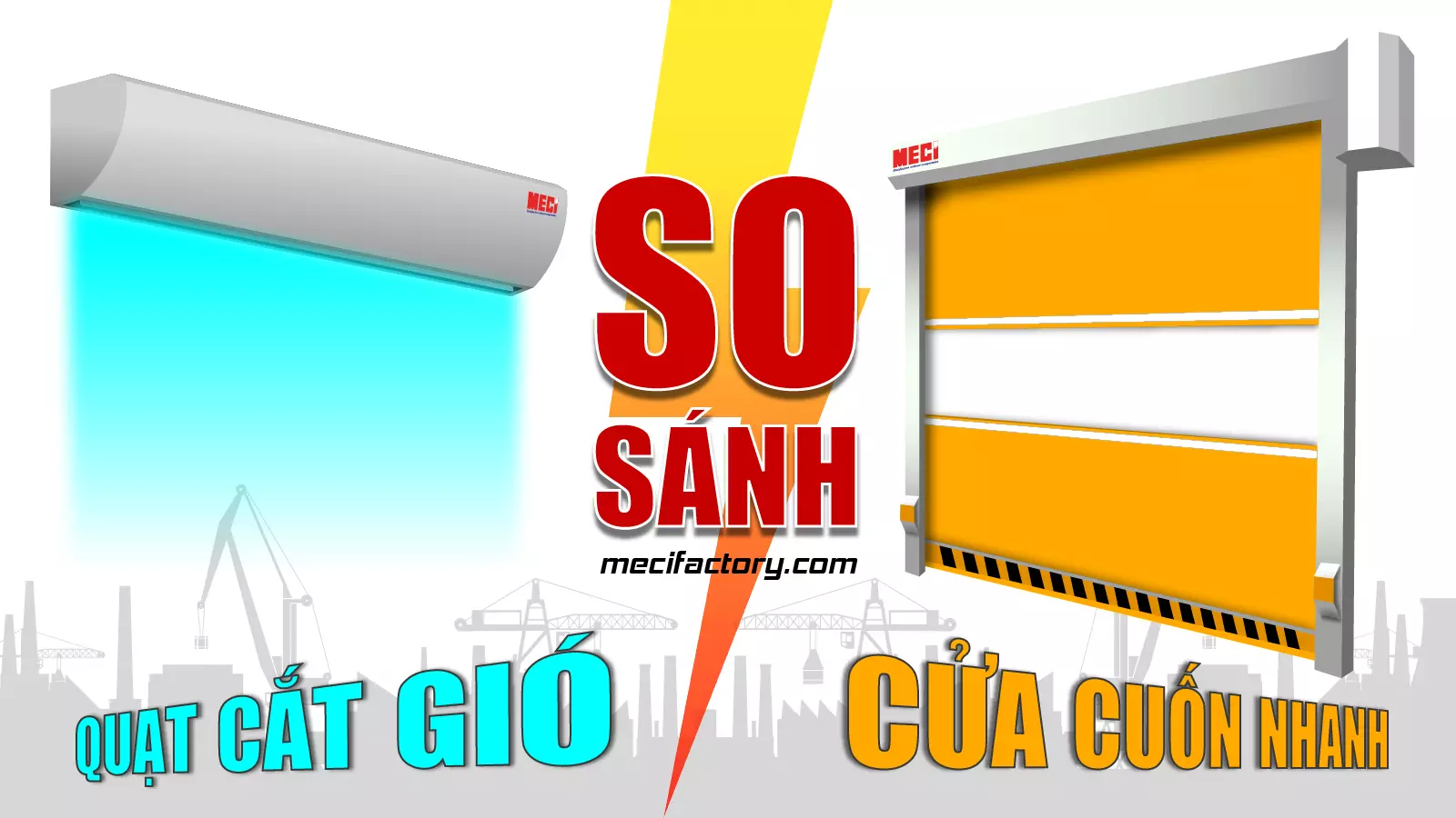 Ảnh bìa so sánh quạt cắt gió và cửa cuốn nhanh.