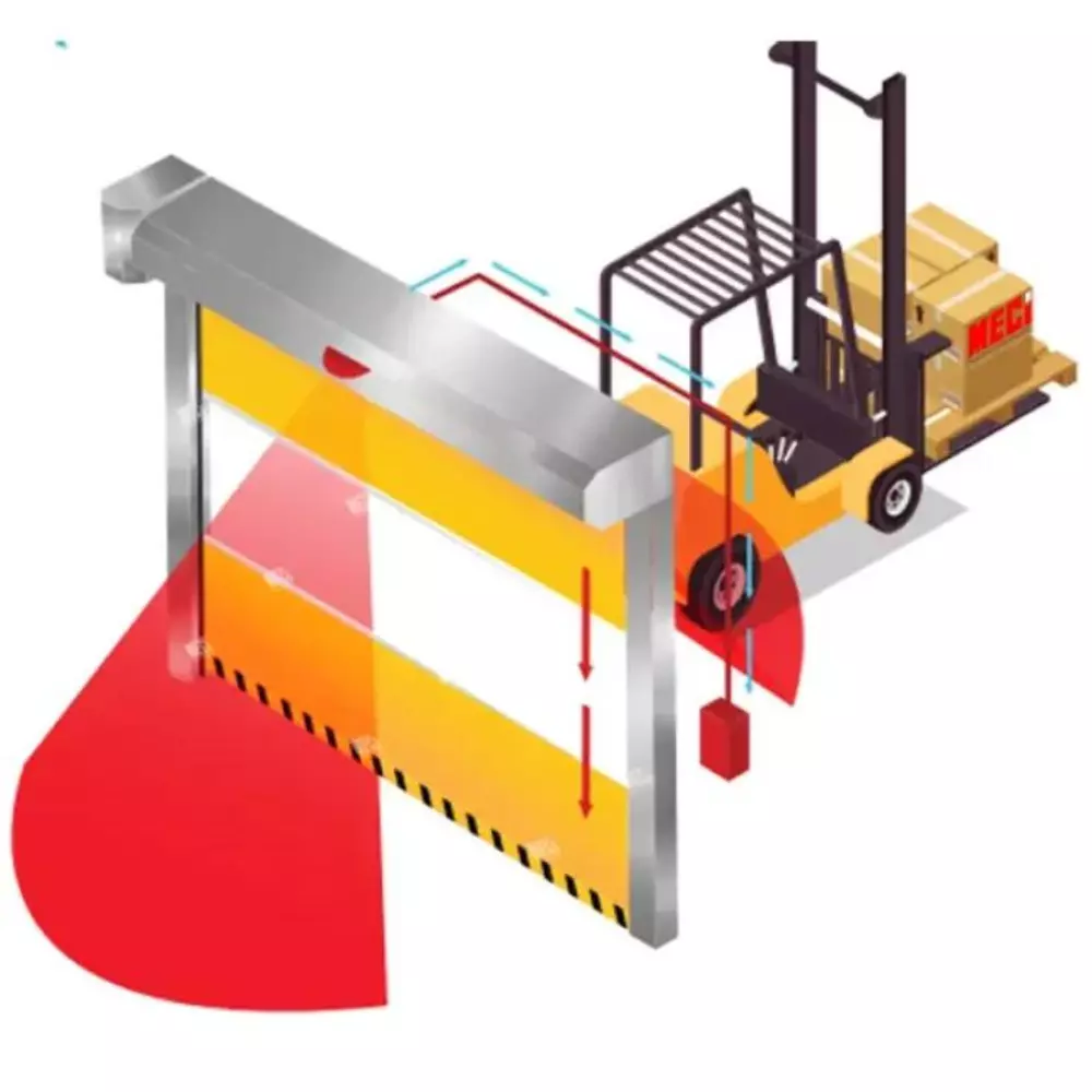 Xe nâng đứng cạnh cửa cuốn nhanh PVC