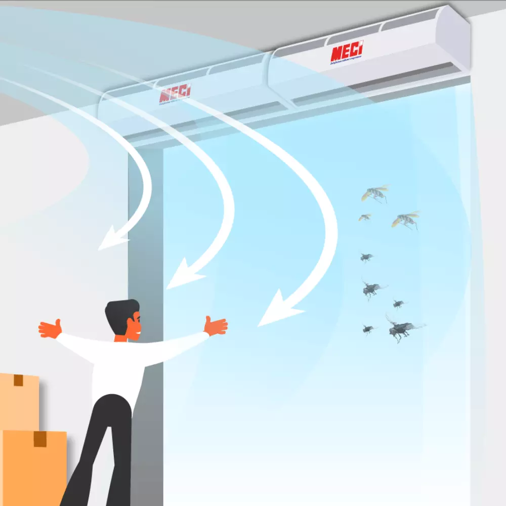 Quạt cắt gió đang thổi ra luồng gió mạnh ngăn côn trùng, bụi bẩn xâm nhập và đẩy lùi hơi lạnh vào trong