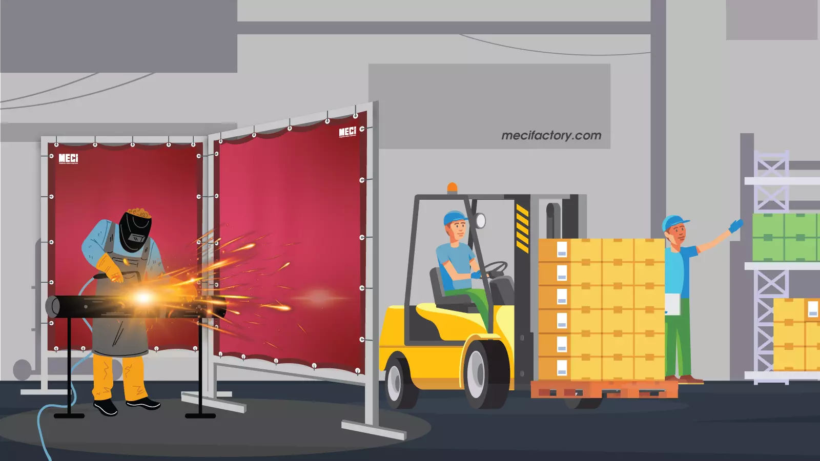 Hình vẽ 3d một người đang hàn cắt trong vách ngăn, bên ngoài công nhân hoạt động