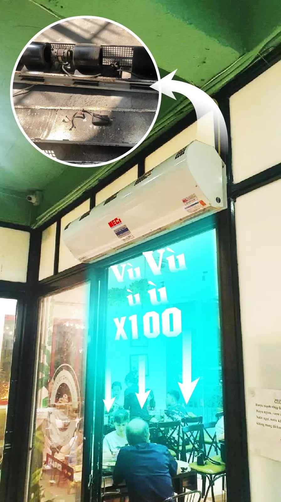 Quạt cắt gió đang hoạt động tại quán ăn. Bên trong quạt đã bám nhiều bụi bẩn