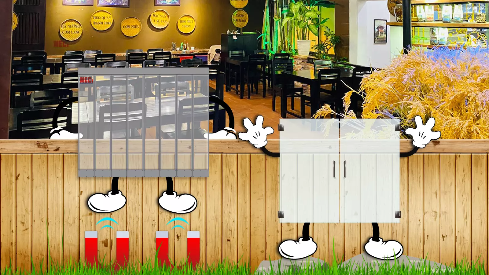 Rèm nhựa nam châm và cửa kính cùng nhìn vào quán ăn.