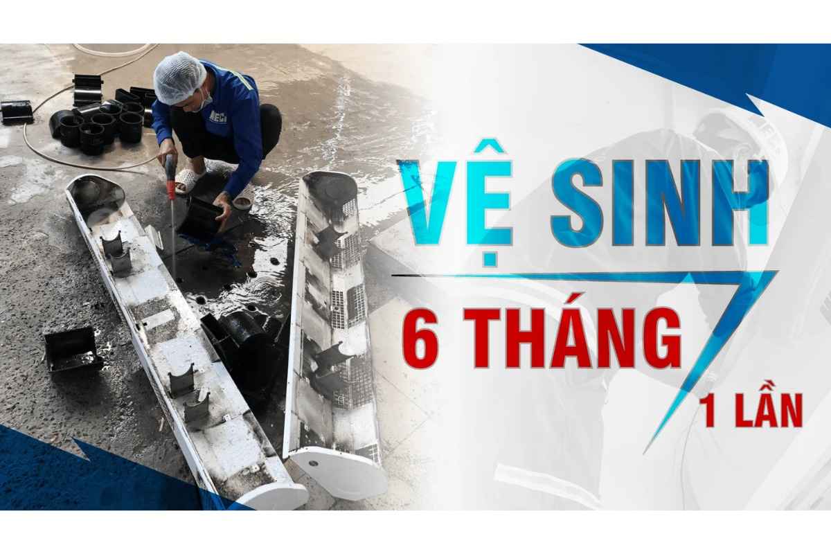 nhân viên MECI đang vệ sinh quạt cắt gió kế bên là chữ vệ sinh 6 tháng/1 lần