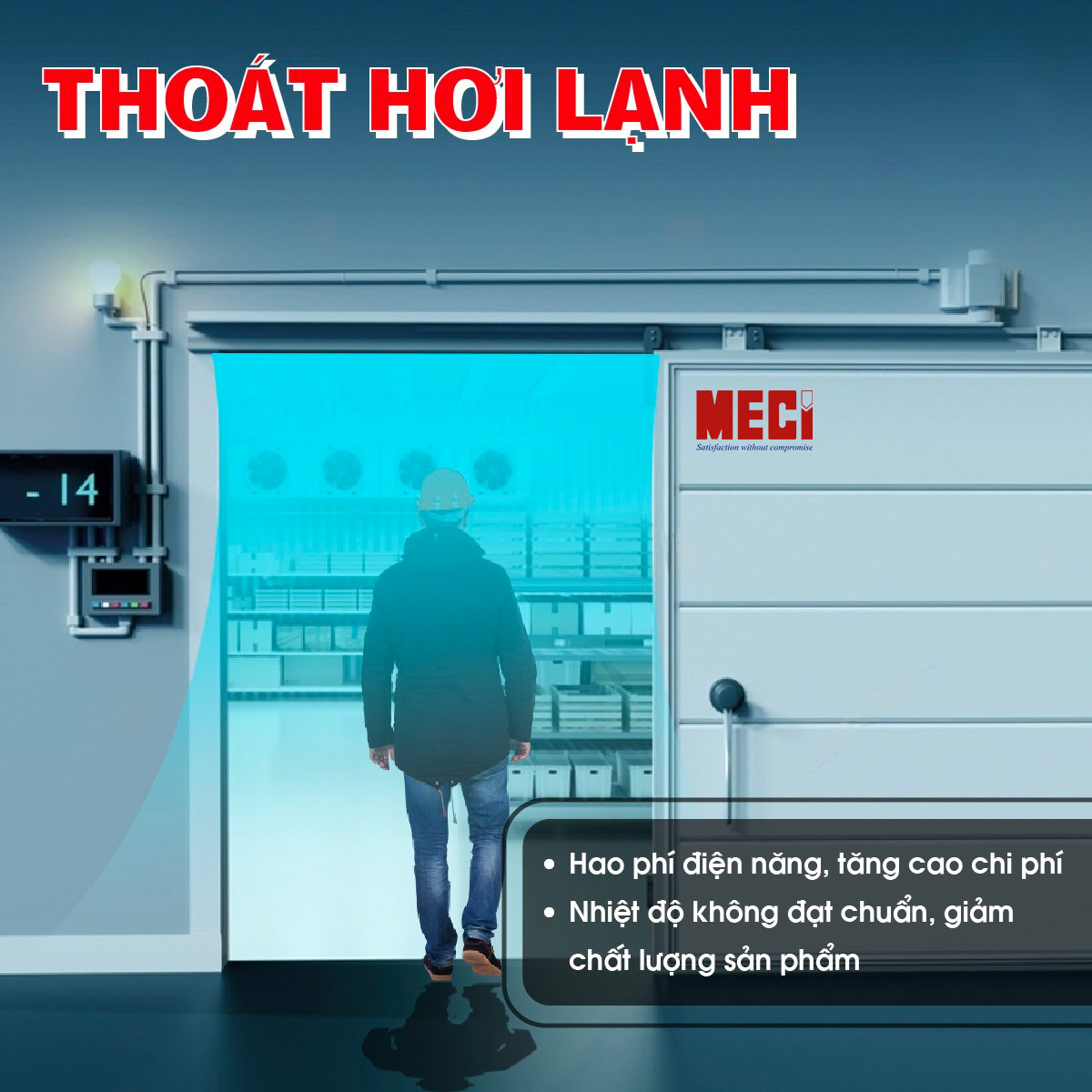 hình ảnh 1 người nam đi qua cửa lùa kho lạnh vào trong, hơi lạnh thoát nhiều ra ngoài