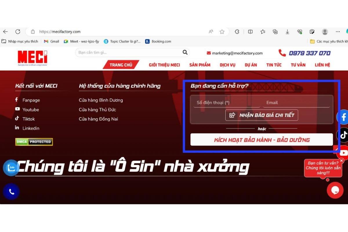 ô vuông màu xanh kẻ xung quanh ô liên hệ trên website của MECI