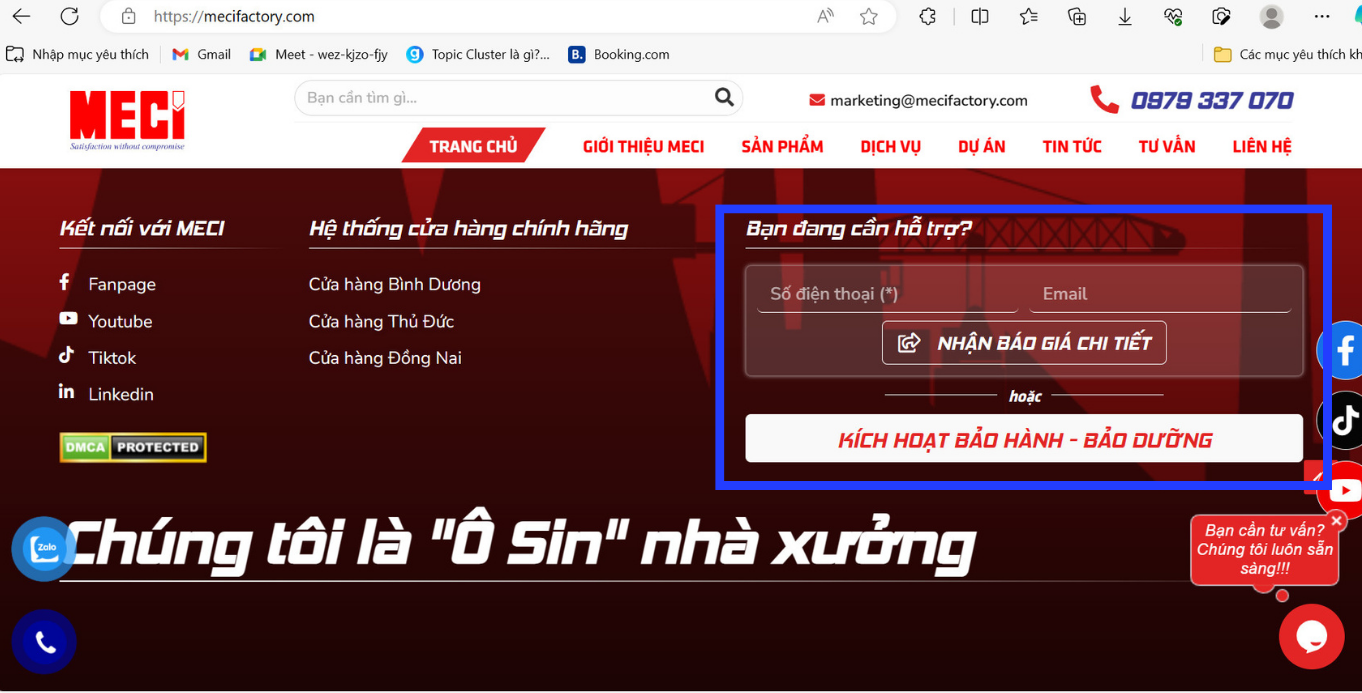 ô vuông màu xanh kẻ xung quanh ô liên hệ trên website của MECI
