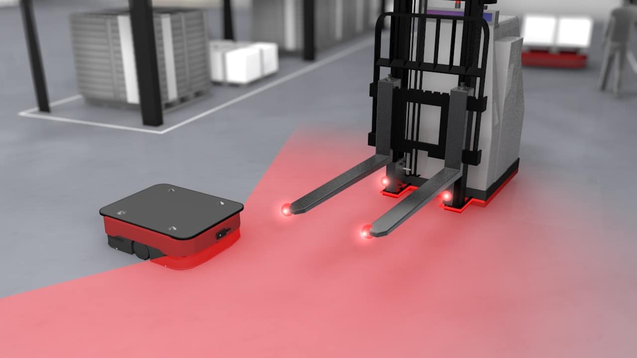 Minh họa cho cảm biến ở xe nâng hàng tại kho xưởng, để tránh va chạm