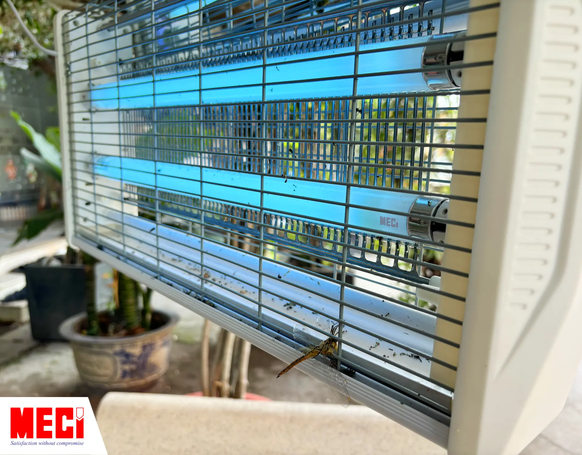 Đèn diệt côn trùng có nhiều xác côn trùng dính trên bề mặt lưới, khay đựng