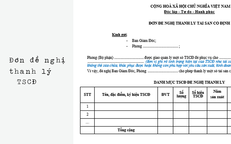 Mẫu đơn đề nghị thanh lý tài sản nhà xưởng